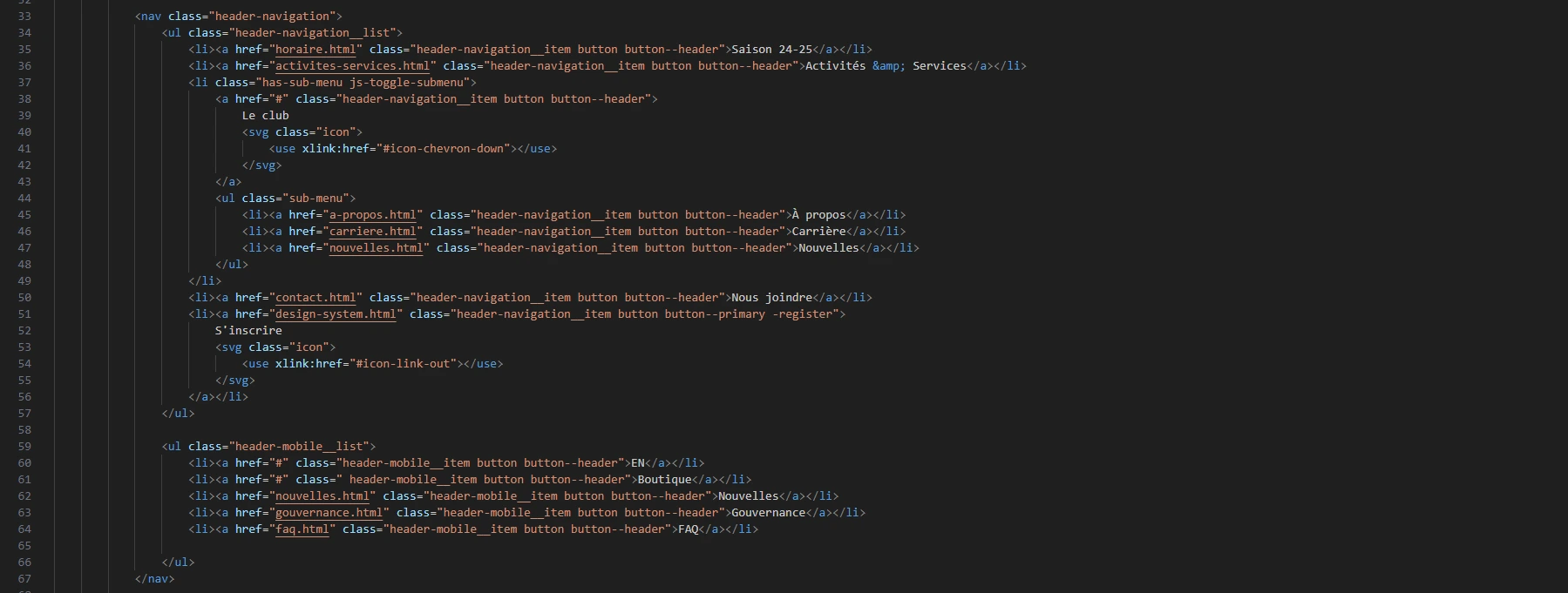 Code HTML navigation principale avec sous-menu