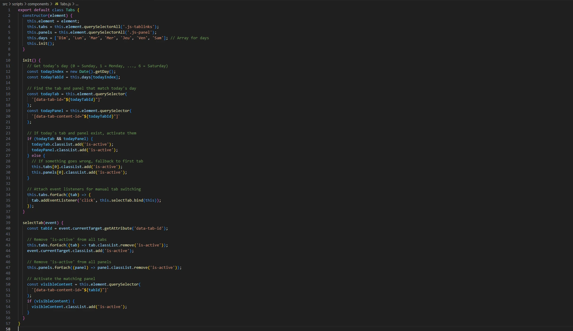 Code JS horaire tabs